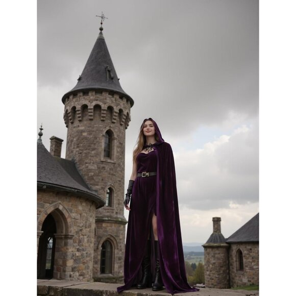 Women Purple Witch Imported Velvet Cloak Halloween Hooded Cape Medieval Costume - Picture 4 of 7